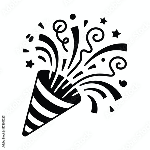 Black and white illustration of a party popper exploding with confetti and streamers