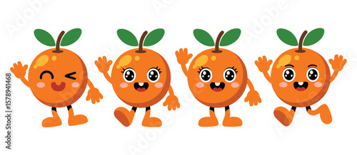 Four happy cartoon oranges with leaves and arms waving cheerfully