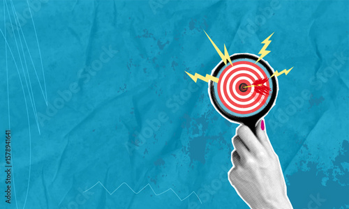 Trendy halftone art collage. Hand holding magnifying glass aimed at target. Blue background and copy space. Goal achievement concept.