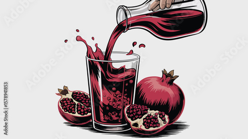 Fresh pomegranate juice being poured into a glass with whole and halved pomegranates