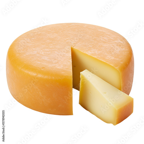 Isolated Transparent Background Of A Round Cheese with Cut Wedge