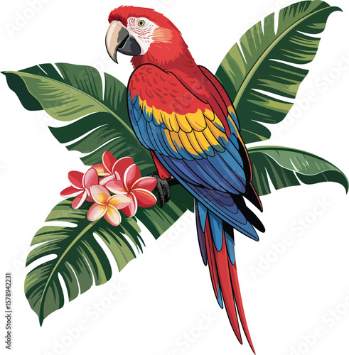 A colorful scarlet macaw parrot, a tropical bird, perches on a branch in a vibrant nature illustration
