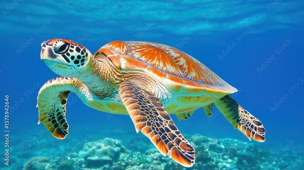 Fototapeta premium Stunning Close-Up of a Majestic Sea Turtle Swimming Gracefully Through Vibrant Coral Reefs Under Clear Blue Ocean Waters