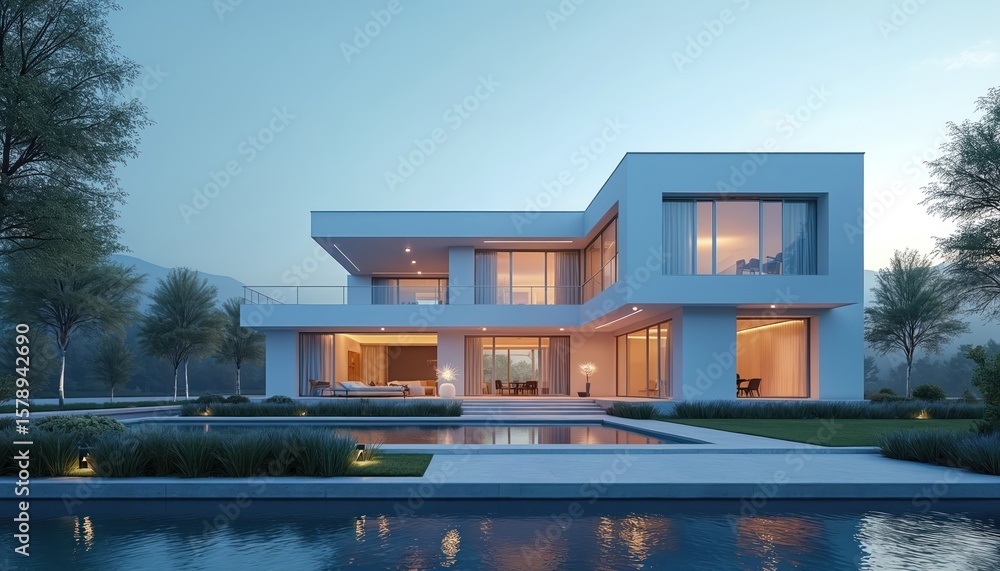 Obraz premium Modern luxury villa exterior at dusk. Contemporary design features large windows, pool. Smart home, automated buildings concept, real estate, property management. Eco-friendly, sustainable living.
