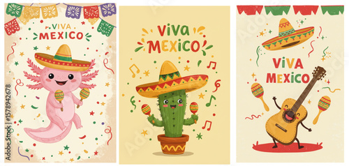 A colorful set of Mexican themed illustrations with fun characters and music for party invitations, decorations and cultural events dedicated to Mexican Independence Day.