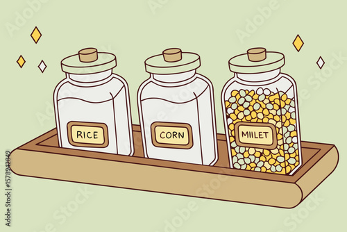 Set of Jars with Rice, Corn, and Millet – Minimalist Food Storage Sketch
