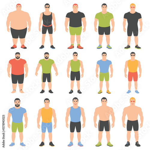 Collection of diverse male body types and fitness levels in casual athletic wear