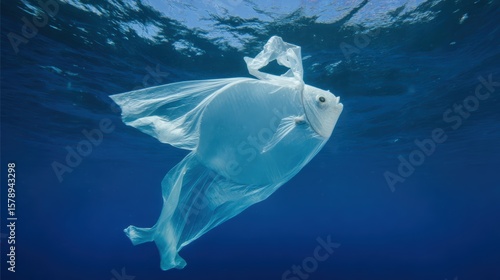 Plastic bag floating in the ocean shaped like a fish surrounded by marine debris and pollution concept of environmental damage ocean plastic waste ecological awareness for conservation design