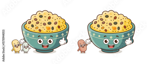 Cute cartoon bowl of porridge with happy characters and thumbs up gesture