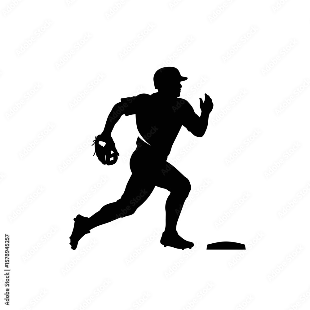 Naklejka premium Baseball Silhouette: A dynamic silhouette of a baseball player sprinting towards the base, glove in hand, captures the essence of the sport's energy and action. 