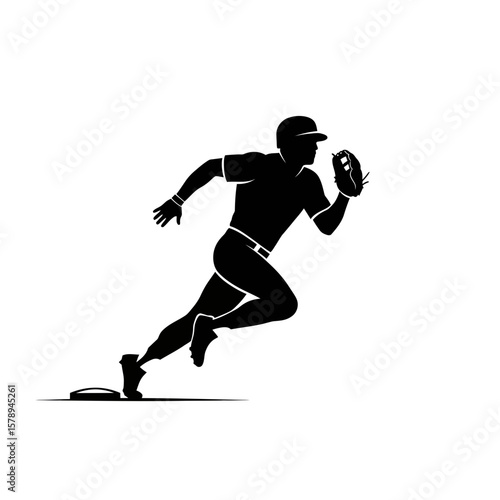Baseball Player Silhouette: A dynamic black silhouette of a baseball player in full stride, capturing the essence of athletic prowess and the thrill of the game.