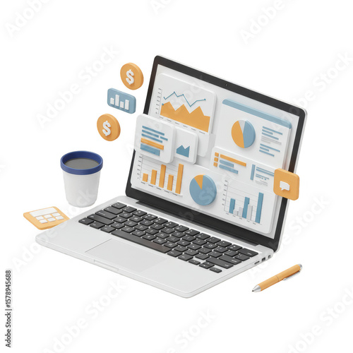 Isometric Laptop Analysis Finance 3D Rendering Transparent Background