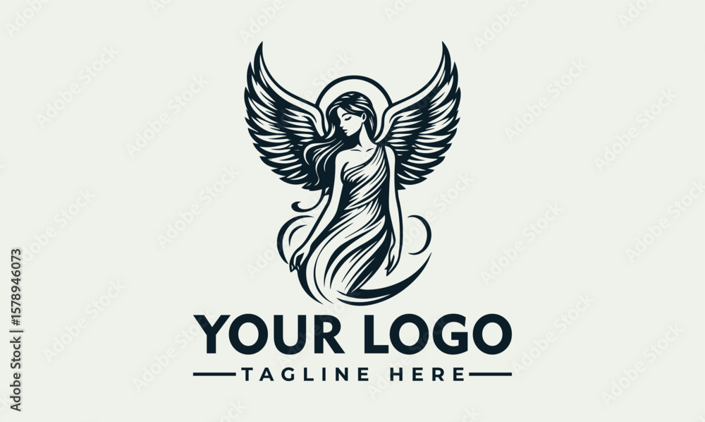 Fototapeta premium Elegant illustration of an angel with outstretched wings, a halo, and flowing dress.