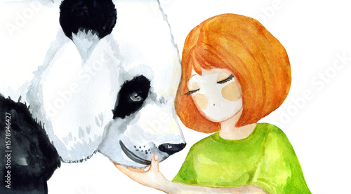 Cute girl hugging friendly smiling panda, watercolor children illustration. China wildlife. Red hair kid female character embracing chinese bear. Friendship and nature love