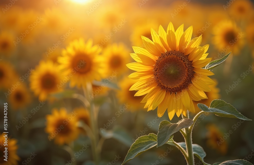 Fototapeta premium Field blooming sunflowers illuminated by sunlight at dawn. Beautiful vibrant plants. Agriculture crop, summer, farming. Organic natural background, bright sunny weather. Nature concept.
