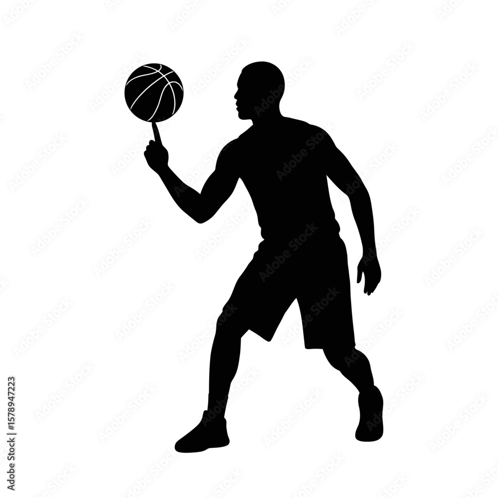 Fototapeta premium Basketball Silhouette: A dynamic silhouette of a basketball player, balancing the ball on his finger with effortless skill, capturing the essence of athletic precision and skill.