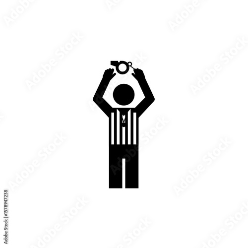 Referee Signal Icon: A simple graphic showcases a referee in action, raising their arms to signal a decision, holding a whistle, representing the official role in sports.
