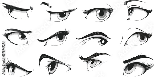 Collection of Cartoon Eyes with Different Expressions in Black and White