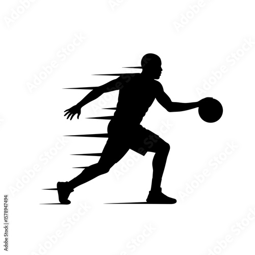 Dynamic Basketball Play: A silhouette of a basketball player in mid-action, dribbling the ball with speed and focus, showcasing athleticism and determination. 