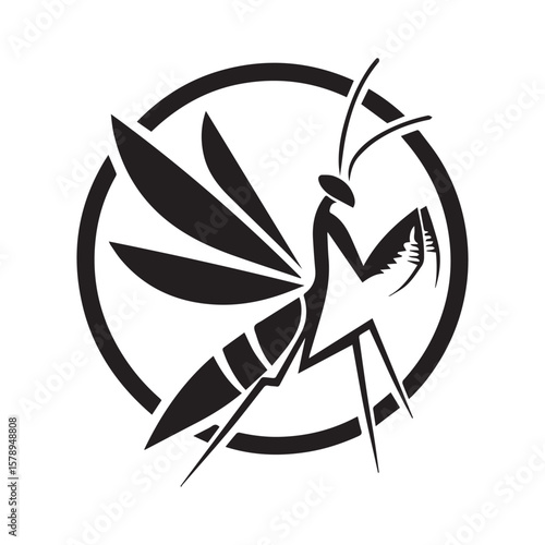 minimalist praying mantis logo on a white background