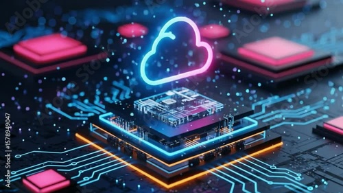 Digital cloud computing technology animation on circuit board