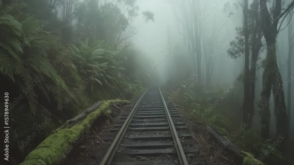 Misty Forest Railway: Eerie Tracks Through Dense Fog and Lush Greenery Misty Forest Railway: Eerie Tracks Through Dense Fog and Lush Greenery