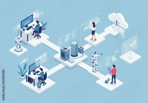 Isometric illustration depicting interconnected workstations servers and cloud computing environment setup