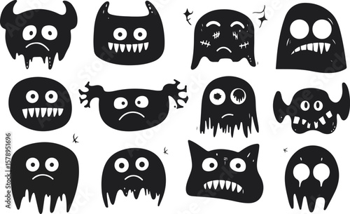 Cute Halloween Monsters Silhouettes in Black and White Vector Illustration
