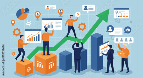 Illustration of business team collaborating on data analysis and growth with charts and graphs shown