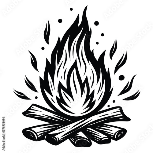 Black and white campfire flames and logs wood