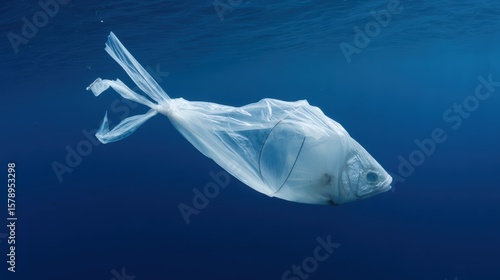 Plastic bag floating in the ocean shaped like a fish surrounded by marine debris and pollution concept of environmental damage ocean plastic waste ecological awareness for conservation design