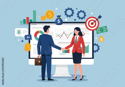 Business partners shaking hands in front of a computer screen displaying financial data and charts and graphs