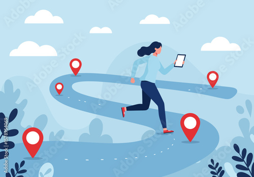 Navigating personal growth and development through a series of guided steps and milestones on a winding path towards self-improvement and achievement