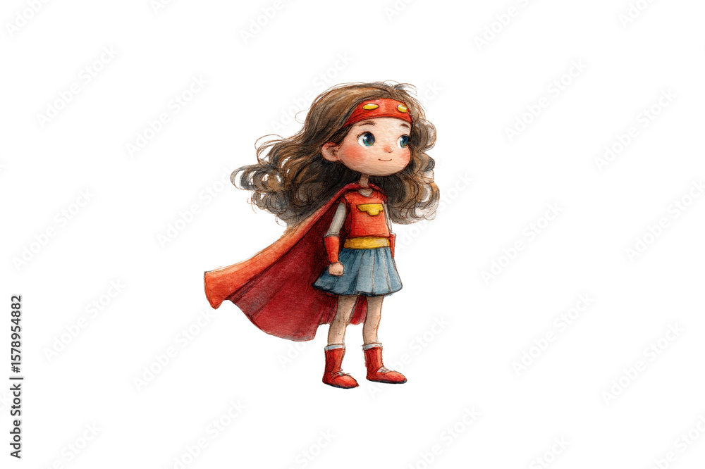 Watercolor illustration of a girl superhero child in red cape and costume curly brown hair Watercolor illustration of a girl superhero child in red cape and costume curly brown hair