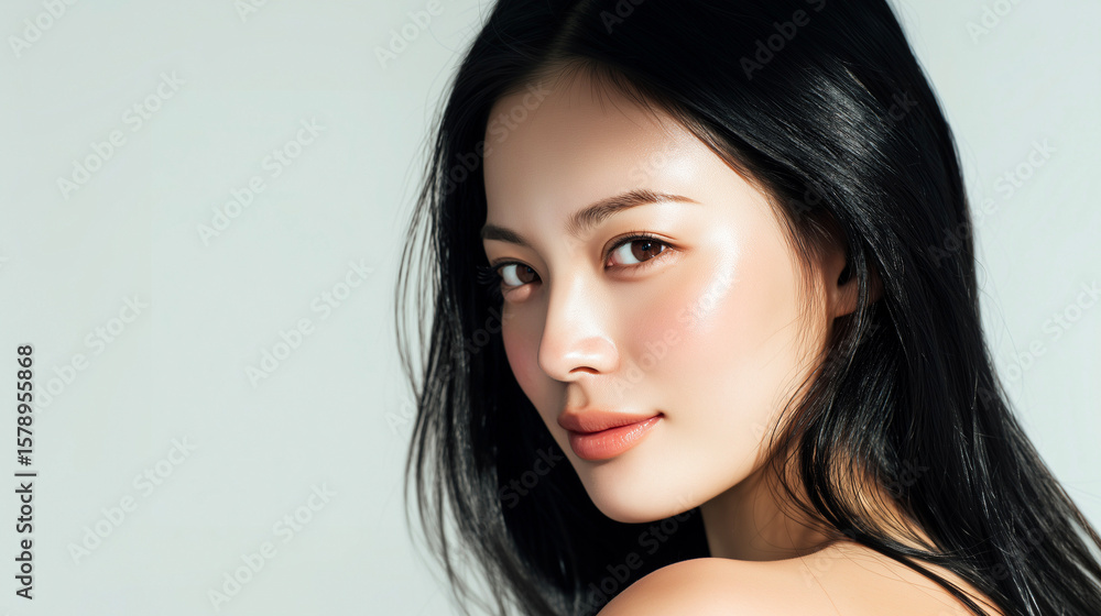 健康的なツヤ肌と黒髪が印象的な女性のサイドポートレート・美容 健康的なツヤ肌と黒髪が印象的な女性のサイドポートレート・美容