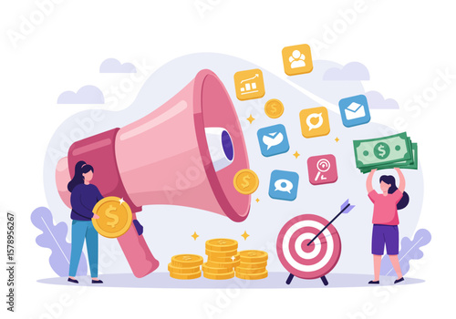 Illustrating a Powerful Marketing Strategy for Business Growth and Customer Engagement Through Digital Communication Channels and Financial Rewards