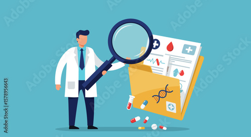 Investigating Medical Records and Genetic Data with a Magnifying Glass Demonstrating Scientific Research and Health Diagnostics