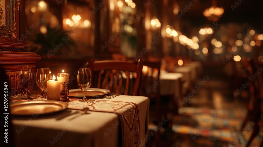 Warm, ornate restaurant interior, candlelit tables Warm, ornate restaurant interior, candlelit tables