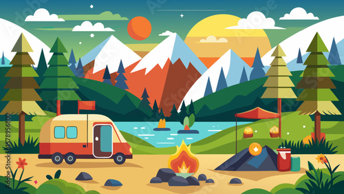 Peaceful campsite with camper van and campfire by a serene lake and mountains