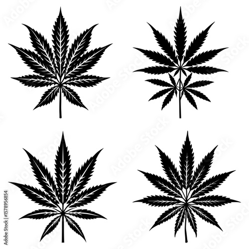 Four stylized black cannabis sativa leaves in various orientations on a white background graphic art