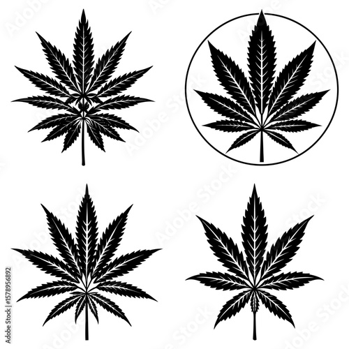 Four black cannabis sativa leaves in different styles on a white background in a vector format image