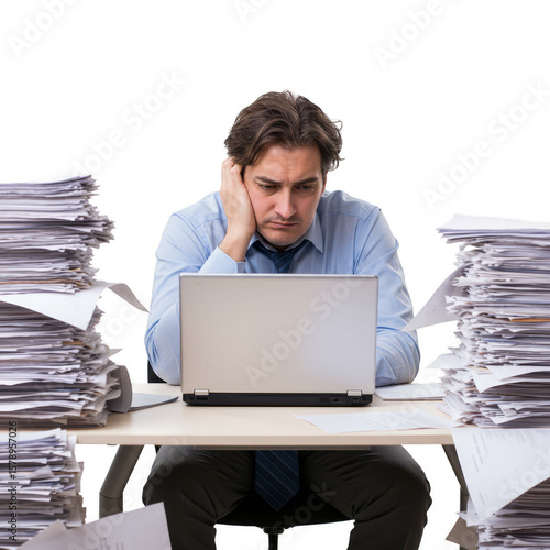 Stressed Businessman Overwhelmed by Paperwork at Office Desk Computer PNG