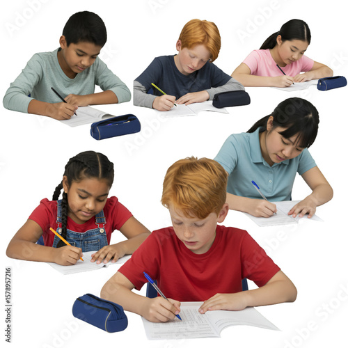 Students Writing with Pens On Papers In Classroom Isolated Background PNG