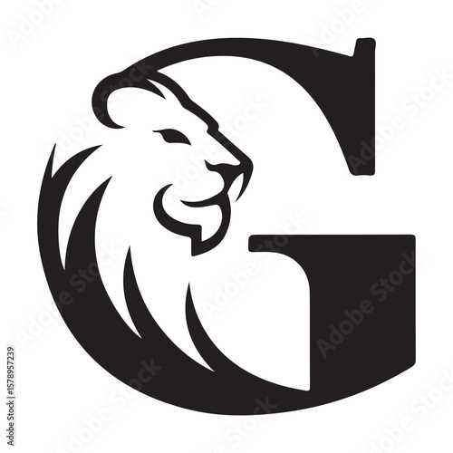 Lion Head Incorporated into the Letter G in a Black and White Design