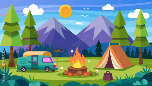 Cozy mountain campsite with camper van tent and campfire under sunny sky