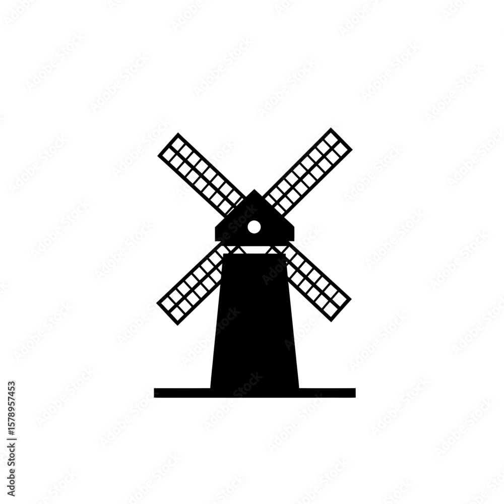 Fototapeta premium Simple Windmill Silhouette: A graphic silhouette of a traditional windmill, a symbol of rural life, capturing its form against a neutral background, perfect for various design applications.