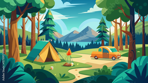Vibrant cartoon camping scene with tent car and mountains by a lake