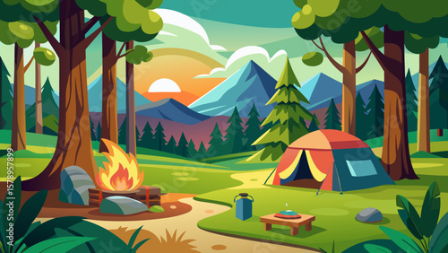 Cozy campsite with a campfire and tent in a beautiful forest at sunset