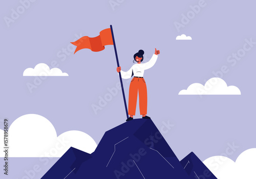 Achieving the Summit of Success Celebrating a Victorious Moment Standing Proudly Atop a Mountain Peak Holding a Flag High