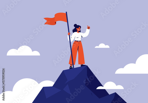 A Determined Woman Stands Victorious Atop a Mountain Peak Holding a Waving Flag Symbolizing Achievement and Success After a Challenging Journey
